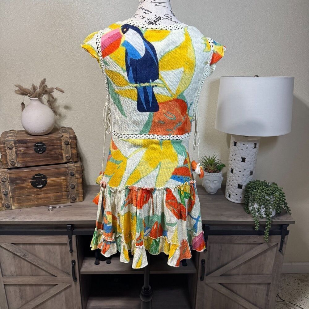 Z&L EUROPE Tassel Tie Lace Trim Tiered  Mini Dress  Toucan Print  Sz S Tropical - Picture 6 of 11